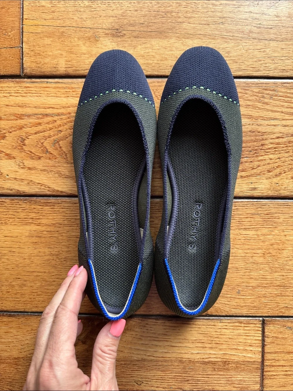 Rothy's The Square Highland Captoe Olive Navy Sz 7.5 Knit Ballet Flat Loafers